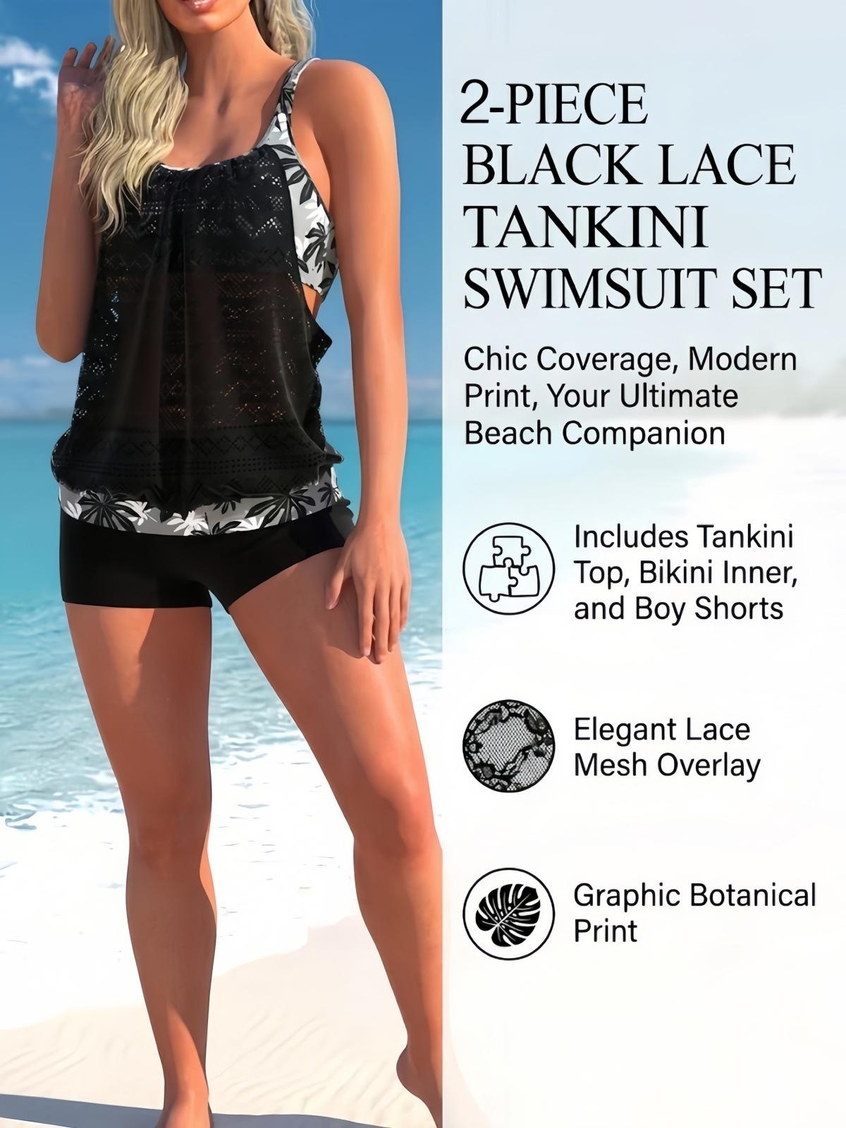 (image for) Women Hollow Out Lace Overlay Tankini Set with Boy Shorts, Black Floral Trim Conservative Two Piece Swimsuit with Padded Cups M-2XL