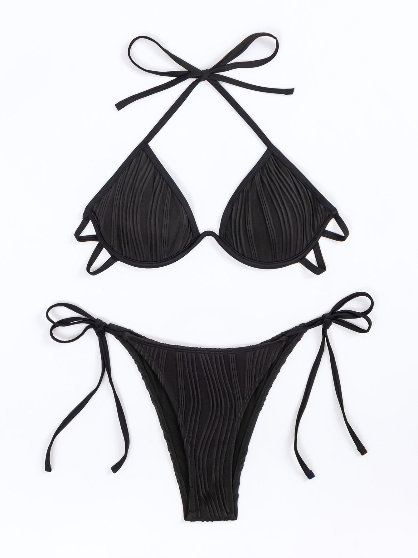 (image for) Women Solid Underwire Bikini Set, Halter Tie Side Two‑Piece Bathing Suit