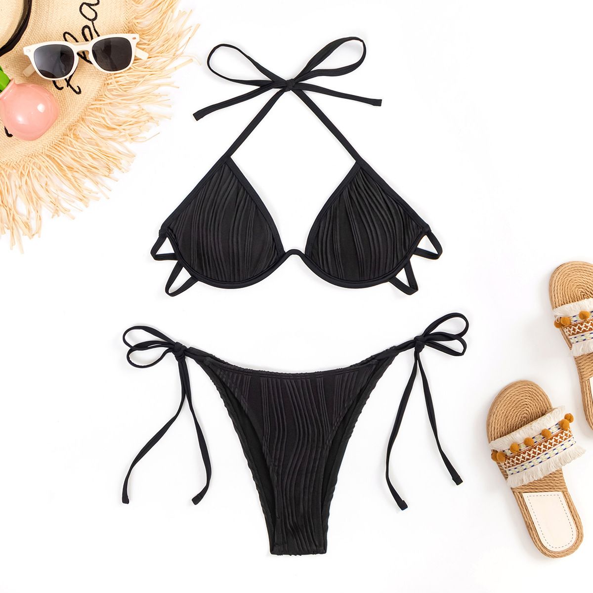 (image for) Women Solid Underwire Bikini Set, Halter Tie Side Two‑Piece Bathing Suit
