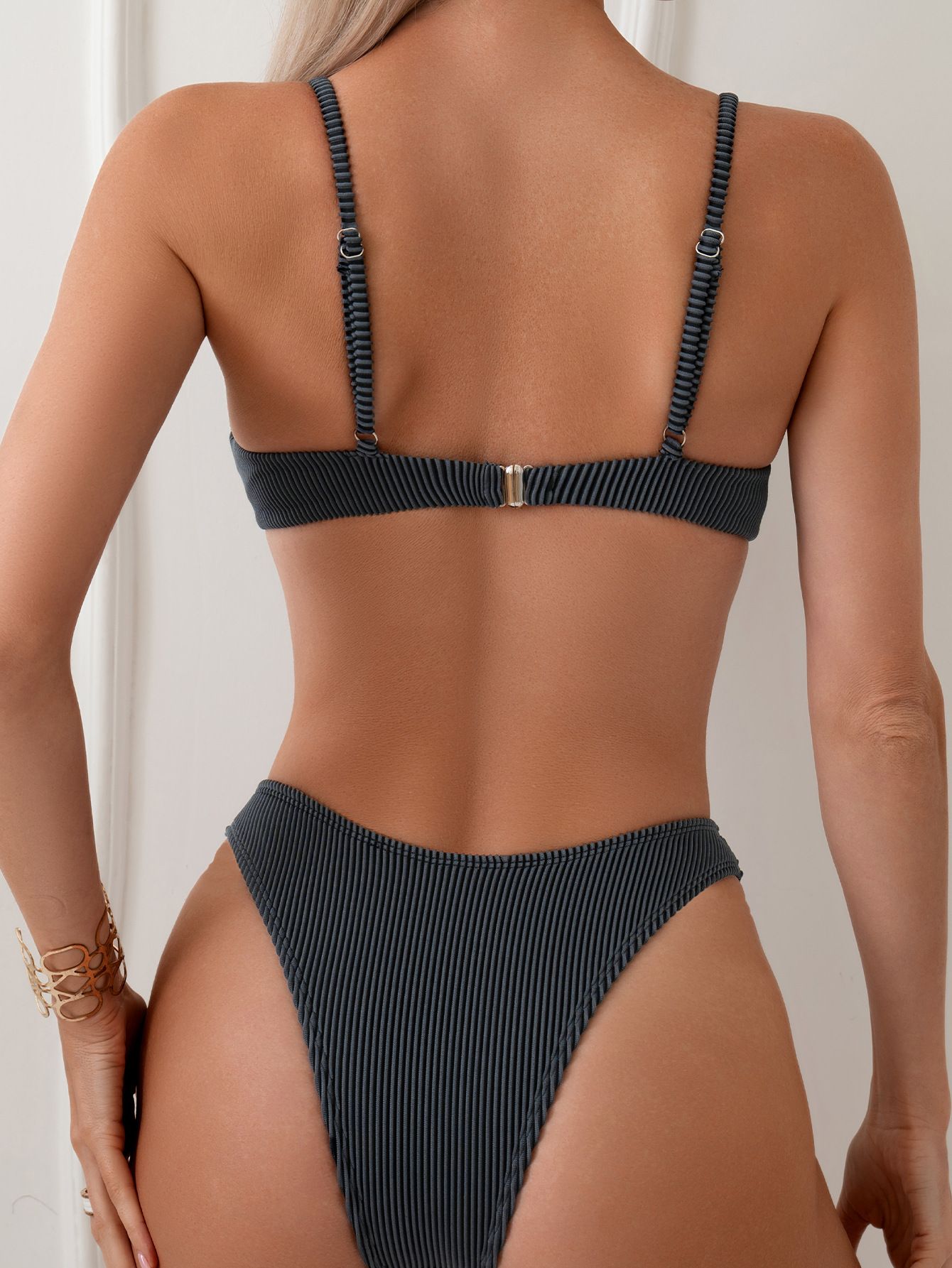 (image for) Women Solid Ribbed Underwire Bikini Set, Two‑Piece Sexy Swimsuit