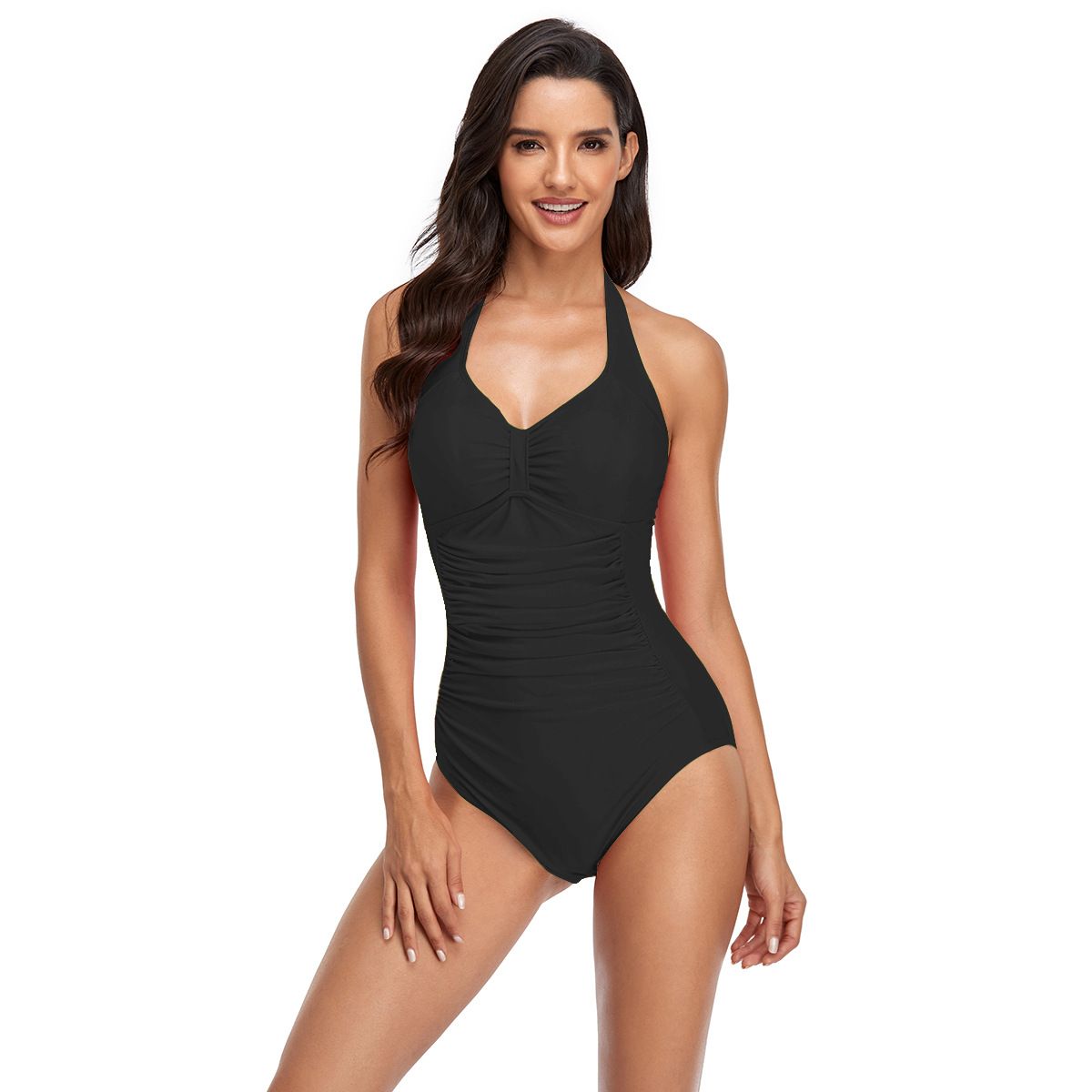 (image for) Women Halter V‑Neck One‑Piece Swimsuit, Solid Color Tummy Control Conservative Bikini Bathing Suit
