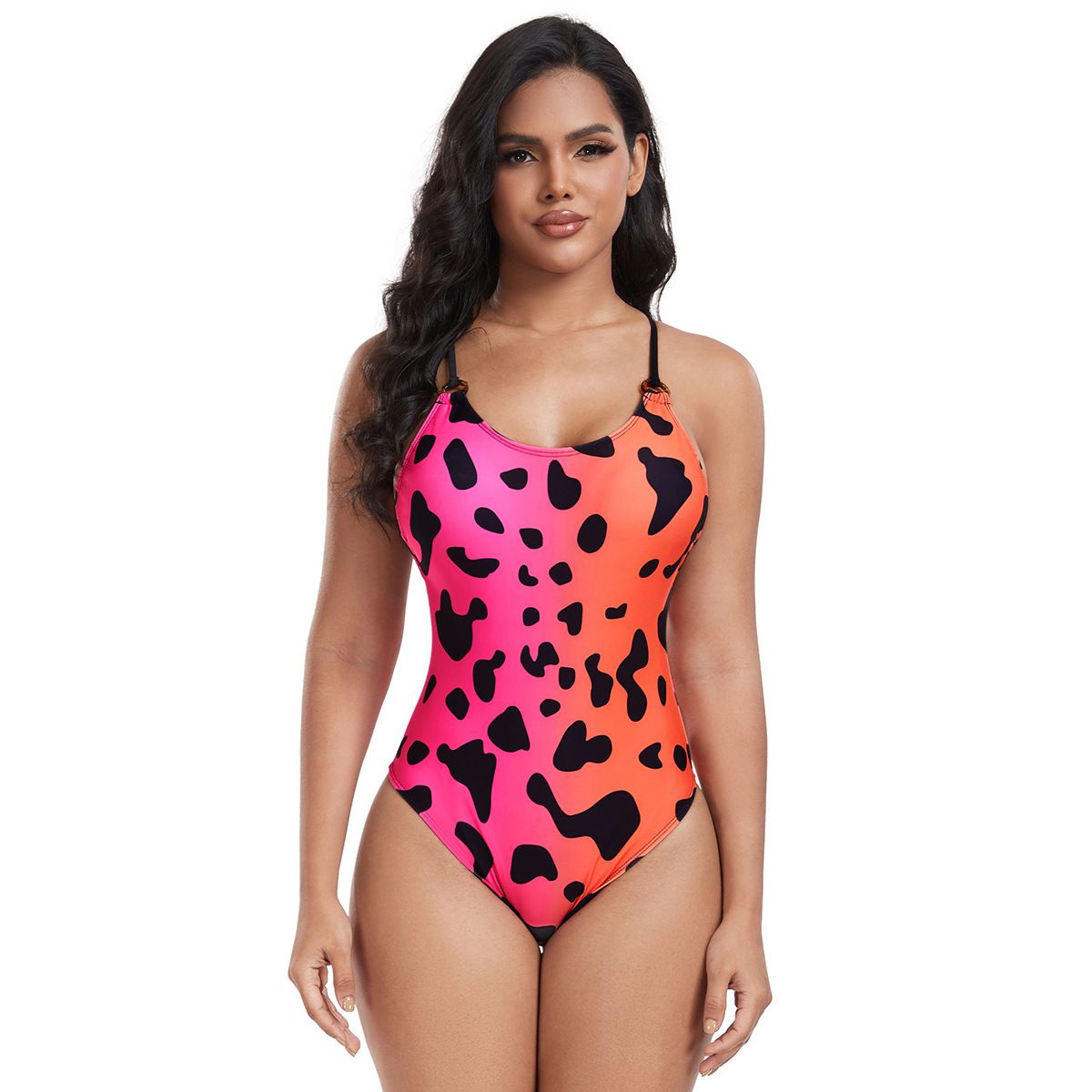 (image for) Women Leopard Print One‑Piece Swimsuit Sexy Cross Strap Bathing Suit For Beach Pool