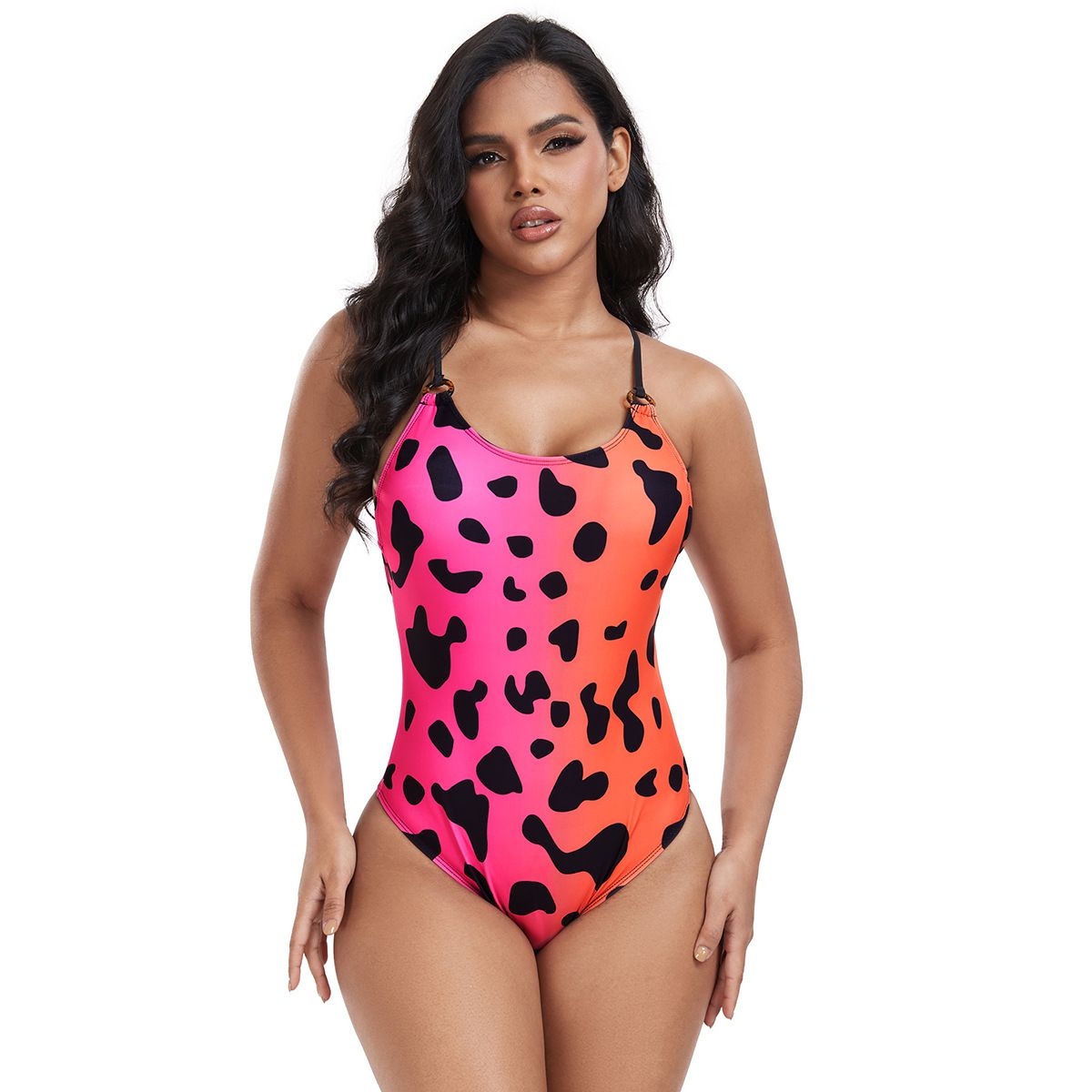 (image for) Women Leopard Print One‑Piece Swimsuit Sexy Cross Strap Bathing Suit For Beach Pool