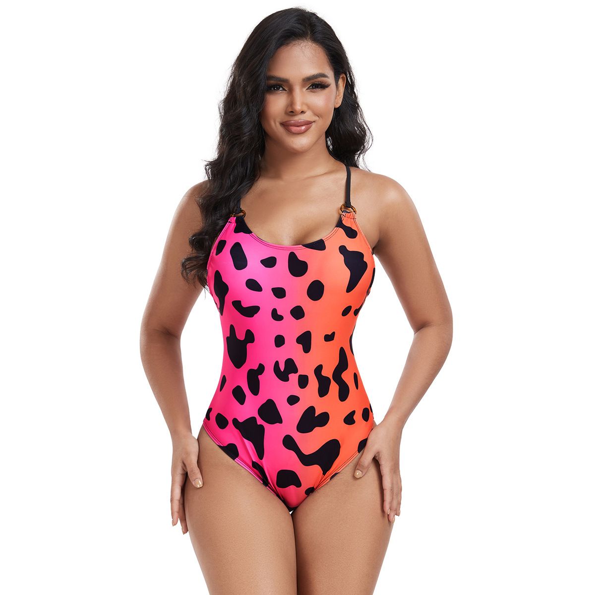 (image for) Women Leopard Print One‑Piece Swimsuit Sexy Cross Strap Bathing Suit For Beach Pool
