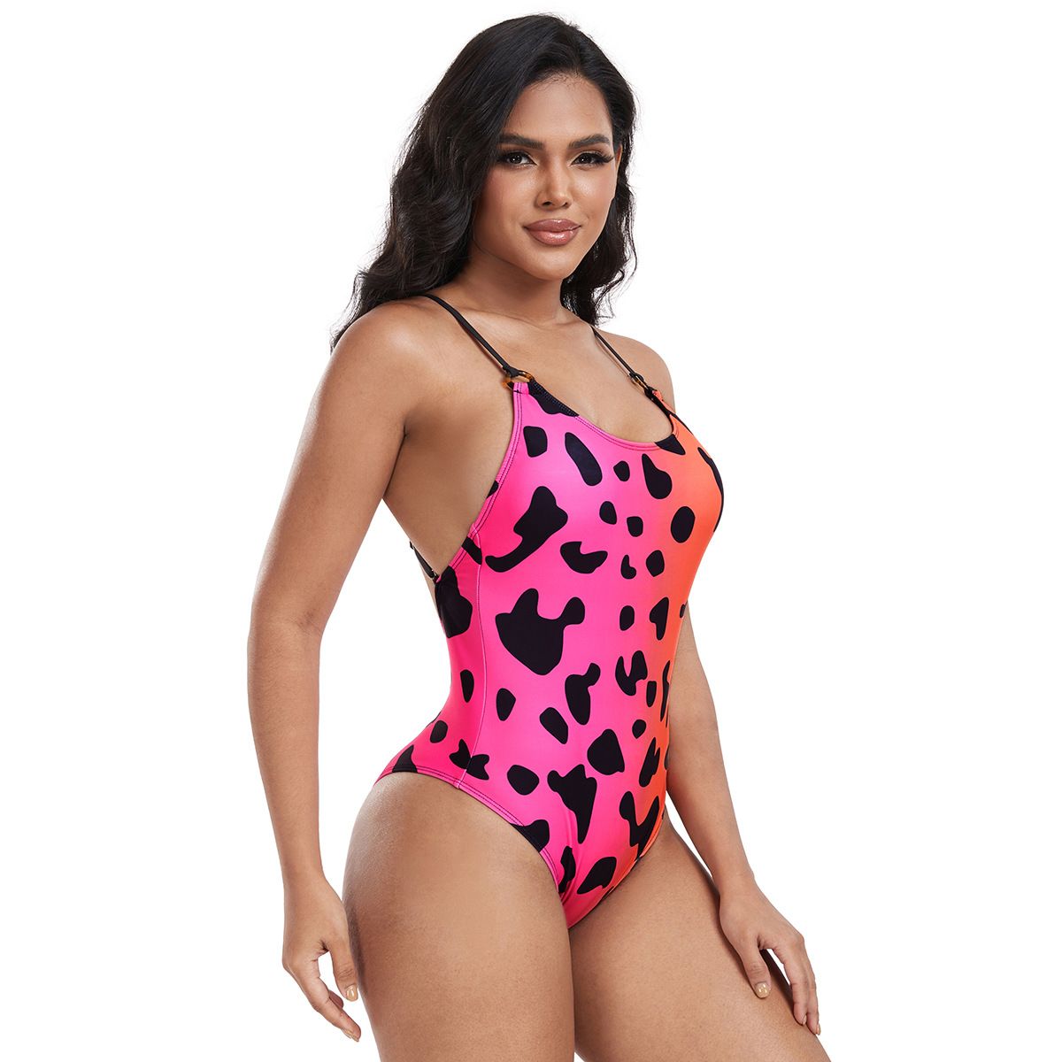 (image for) Women Leopard Print One‑Piece Swimsuit Sexy Cross Strap Bathing Suit For Beach Pool