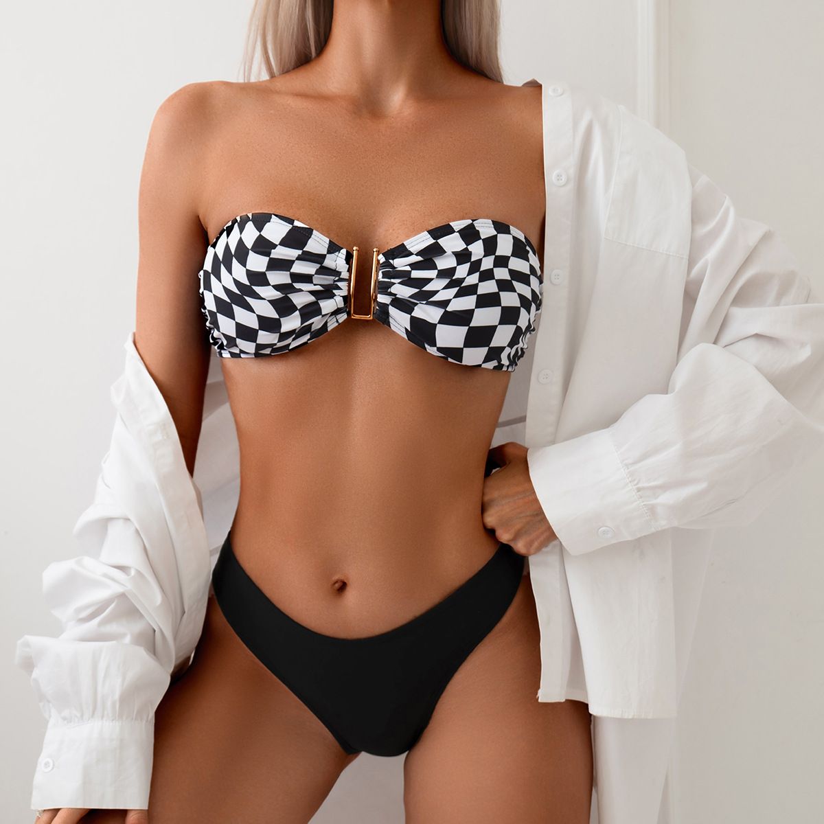 (image for) Strapless Bandeau Bikini Set Metal Ring Front Cut‑out Printed Two‑Piece Women Swimsuit