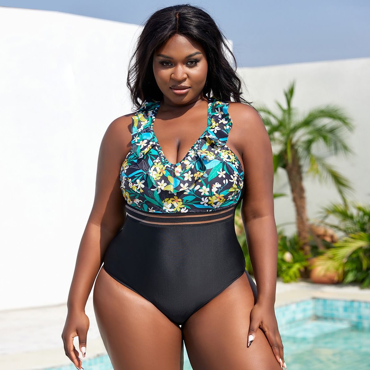 (image for) Plus Size One‑Piece Swimsuit Ruffle Floral Print Mesh Panel Bathing Suit for Women