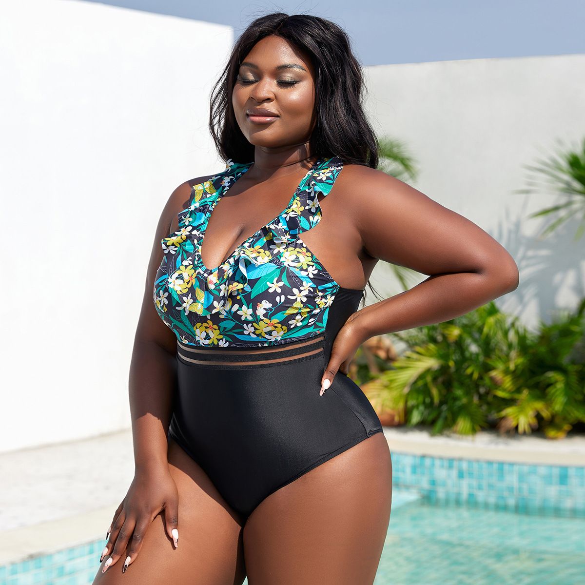 (image for) Plus Size One‑Piece Swimsuit Ruffle Floral Print Mesh Panel Bathing Suit for Women