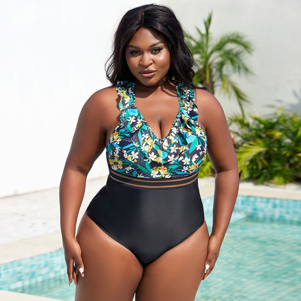(image for) Plus Size One‑Piece Swimsuit Ruffle Floral Print Mesh Panel Bathing Suit for Women