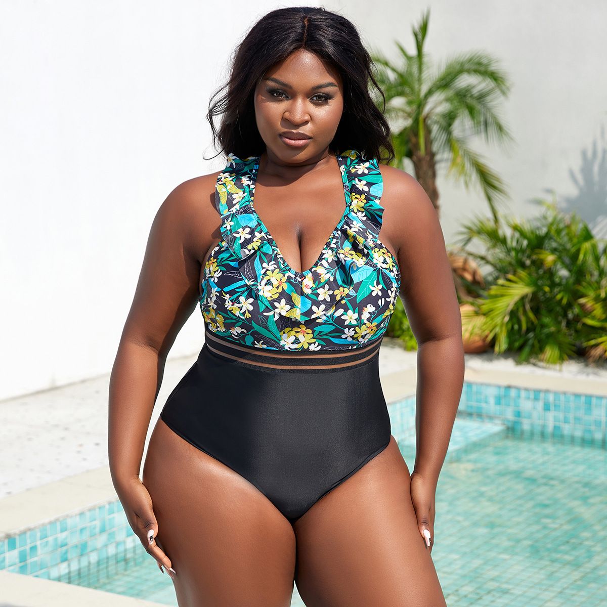 (image for) Plus Size One‑Piece Swimsuit Ruffle Floral Print Mesh Panel Bathing Suit for Women