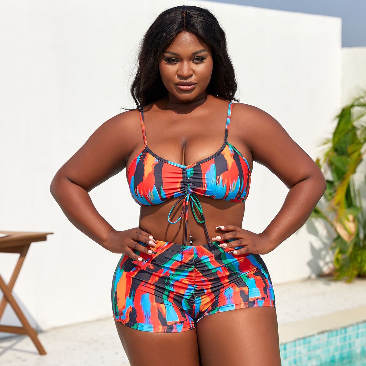 (image for) Plus Size 3‑Piece Swimsuit Set Abstract Print Bikini with Mesh Cover‑Up Bathing Suit