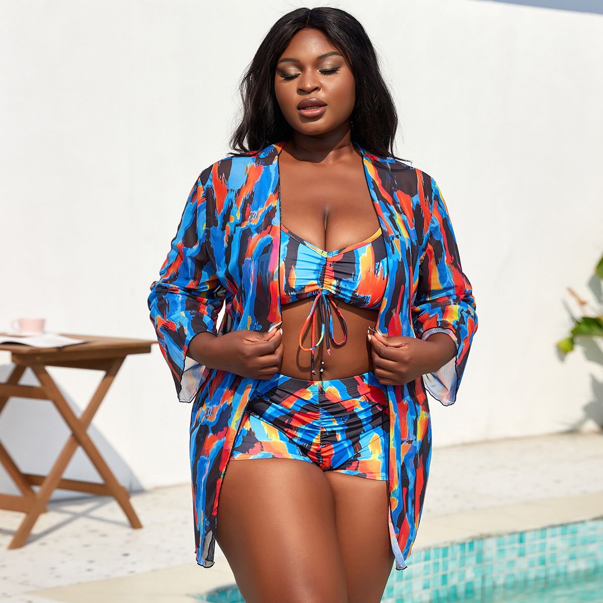 (image for) Plus Size 3‑Piece Swimsuit Set Abstract Print Bikini with Mesh Cover‑Up Bathing Suit