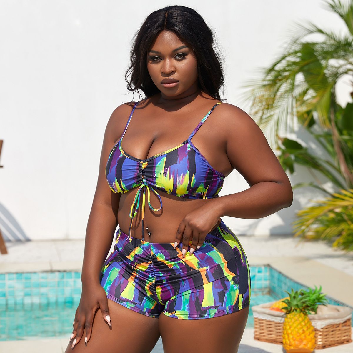 (image for) Plus Size 3‑Piece Swimsuit Set Abstract Print Bikini with Mesh Cover‑Up Bathing Suit