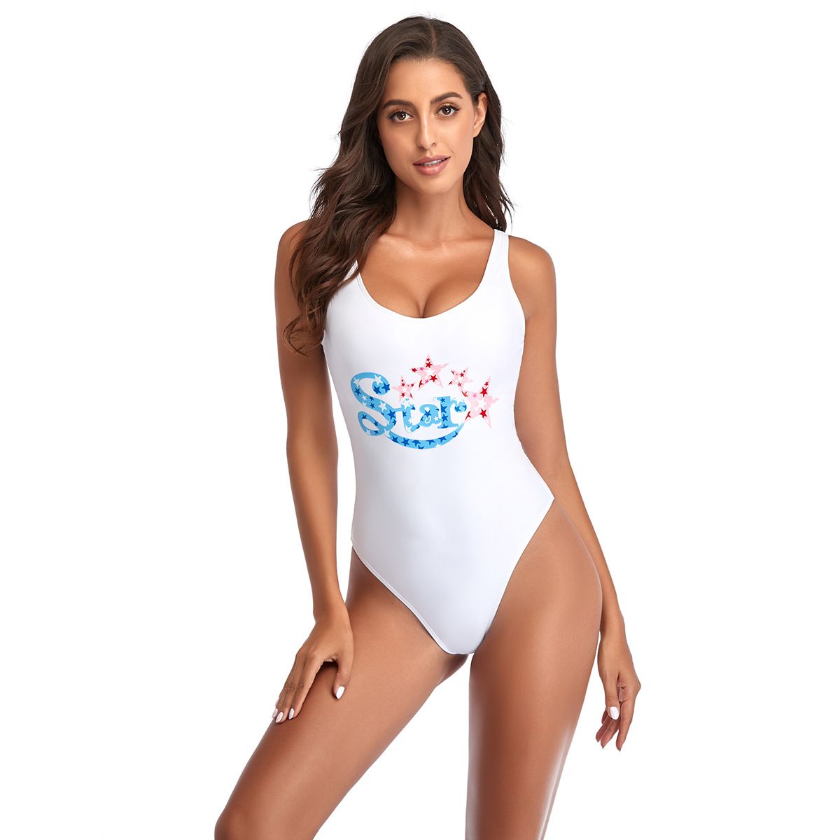 (image for) Women U‑Neck Graphic Print One‑Piece Swimsuit Multi‑Color Triangle Bikini Bathing Suit