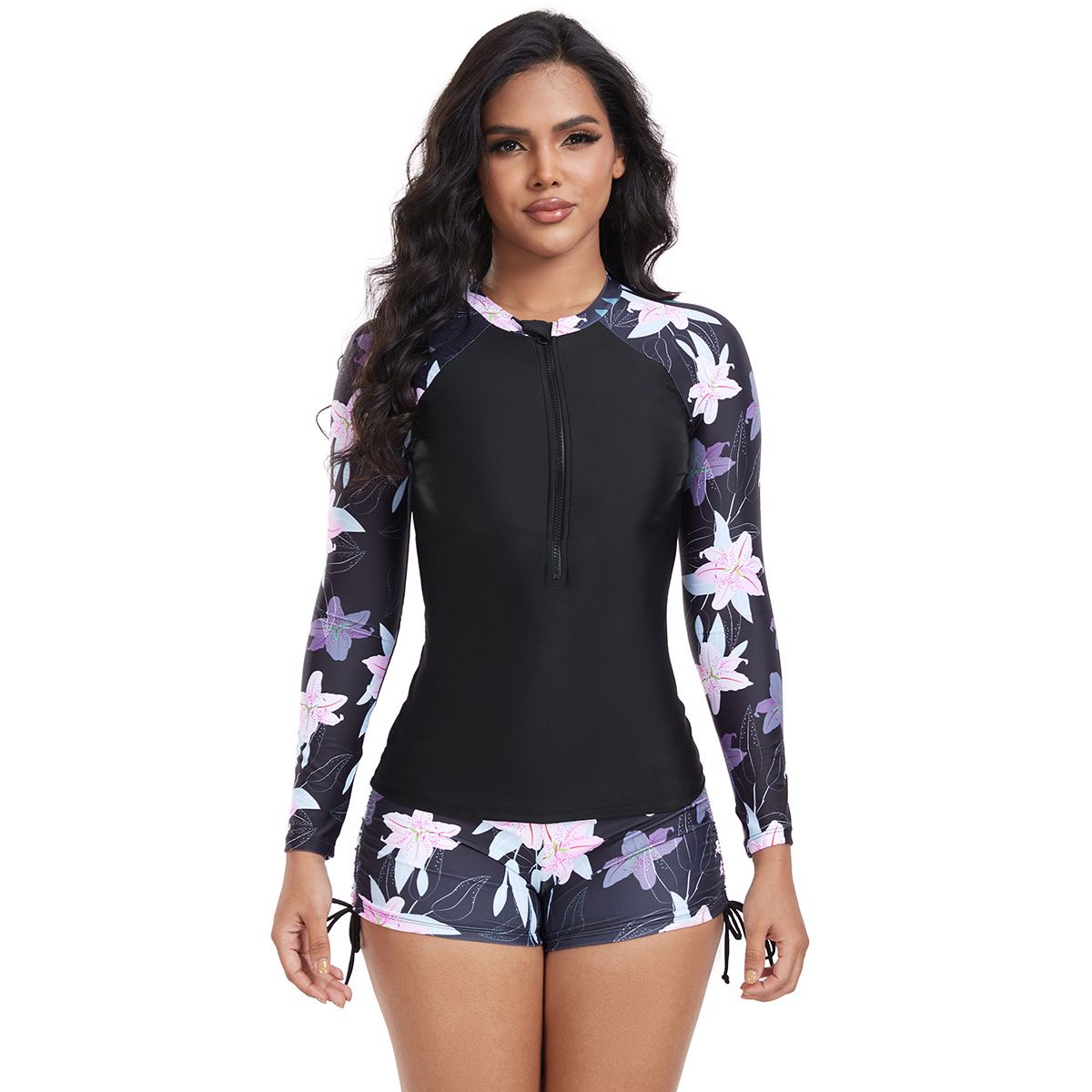 (image for) Women's Long Sleeve Printed Two‑Piece Rash Guard Set Sport Surfing Swimsuit