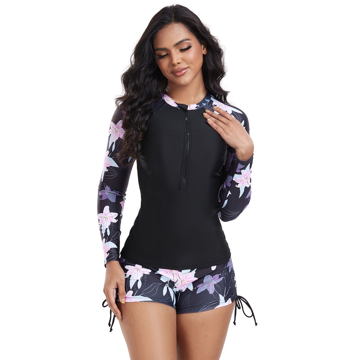 (image for) Women's Long Sleeve Printed Two‑Piece Rash Guard Set Sport Surfing Swimsuit