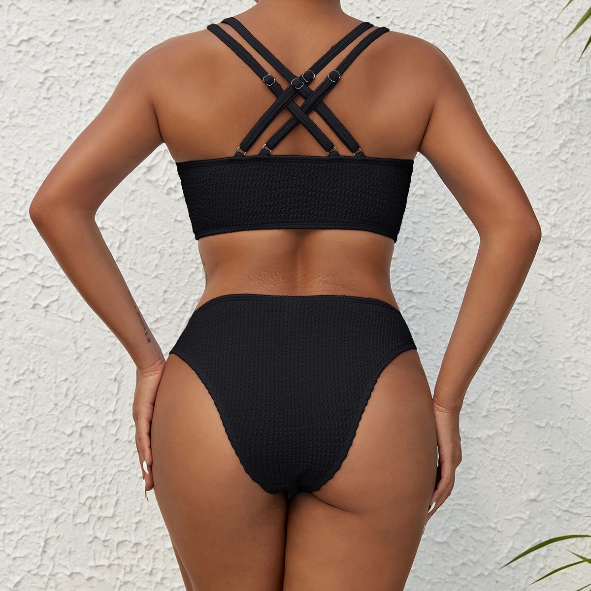 (image for) Women Solid Color Textured Two‑Piece Bikini Set, Double‑Strap Swim Bathing Suit