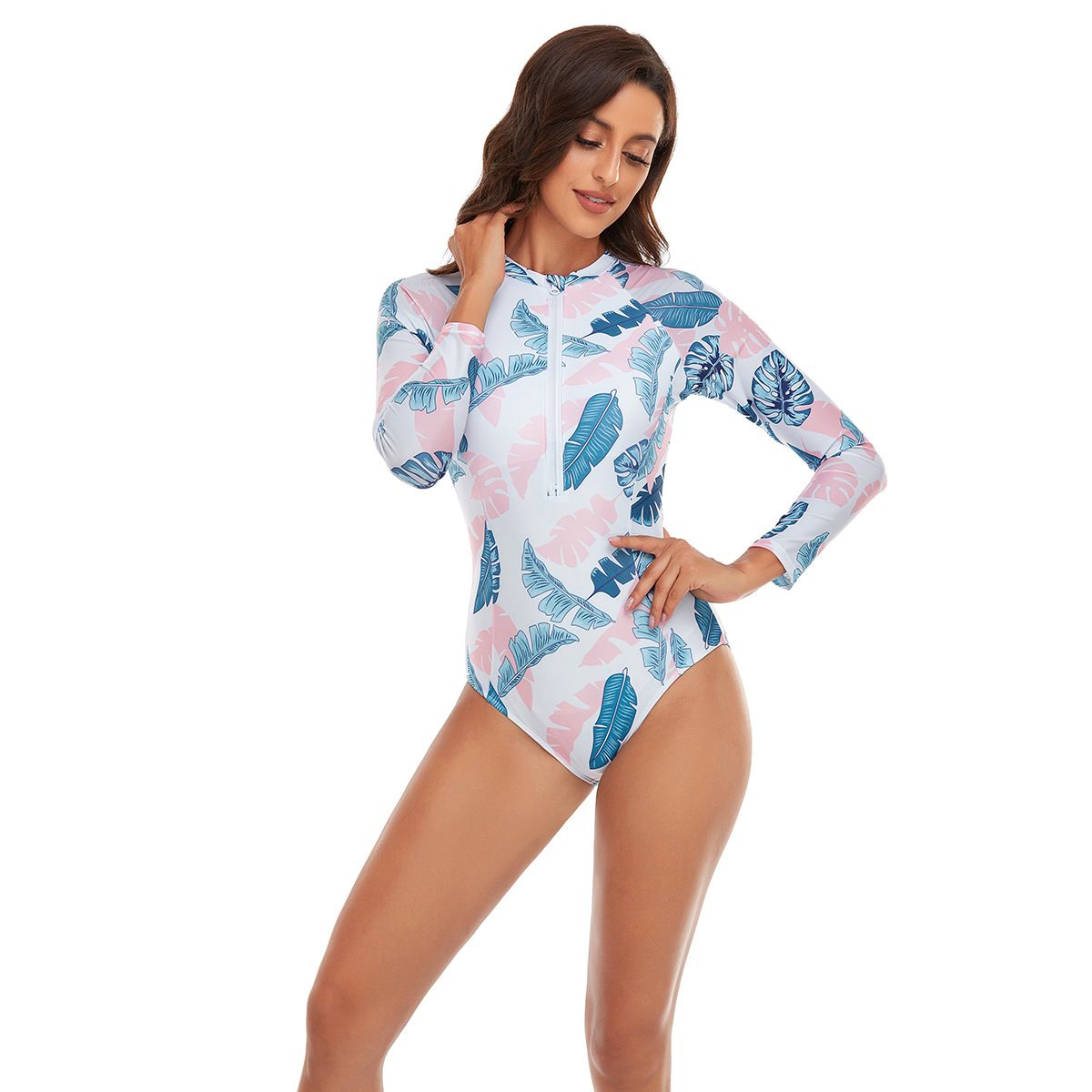 (image for) Long Sleeve Floral Print One‑Piece Front Zipper Rash Guard Swimsuit