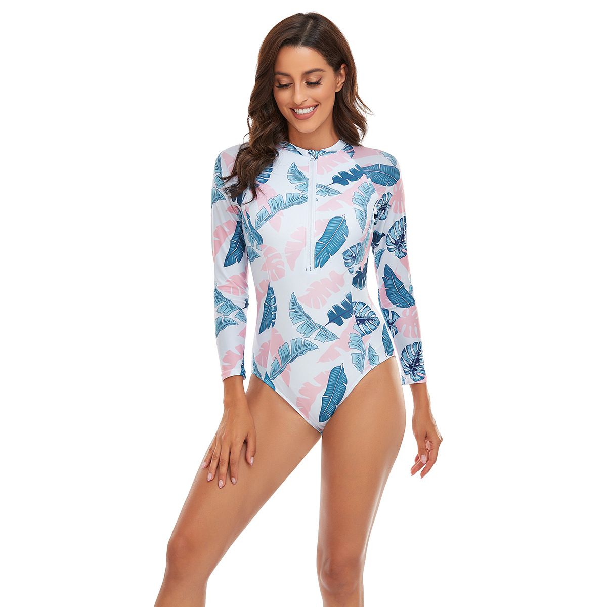 (image for) Long Sleeve Floral Print One‑Piece Front Zipper Rash Guard Swimsuit