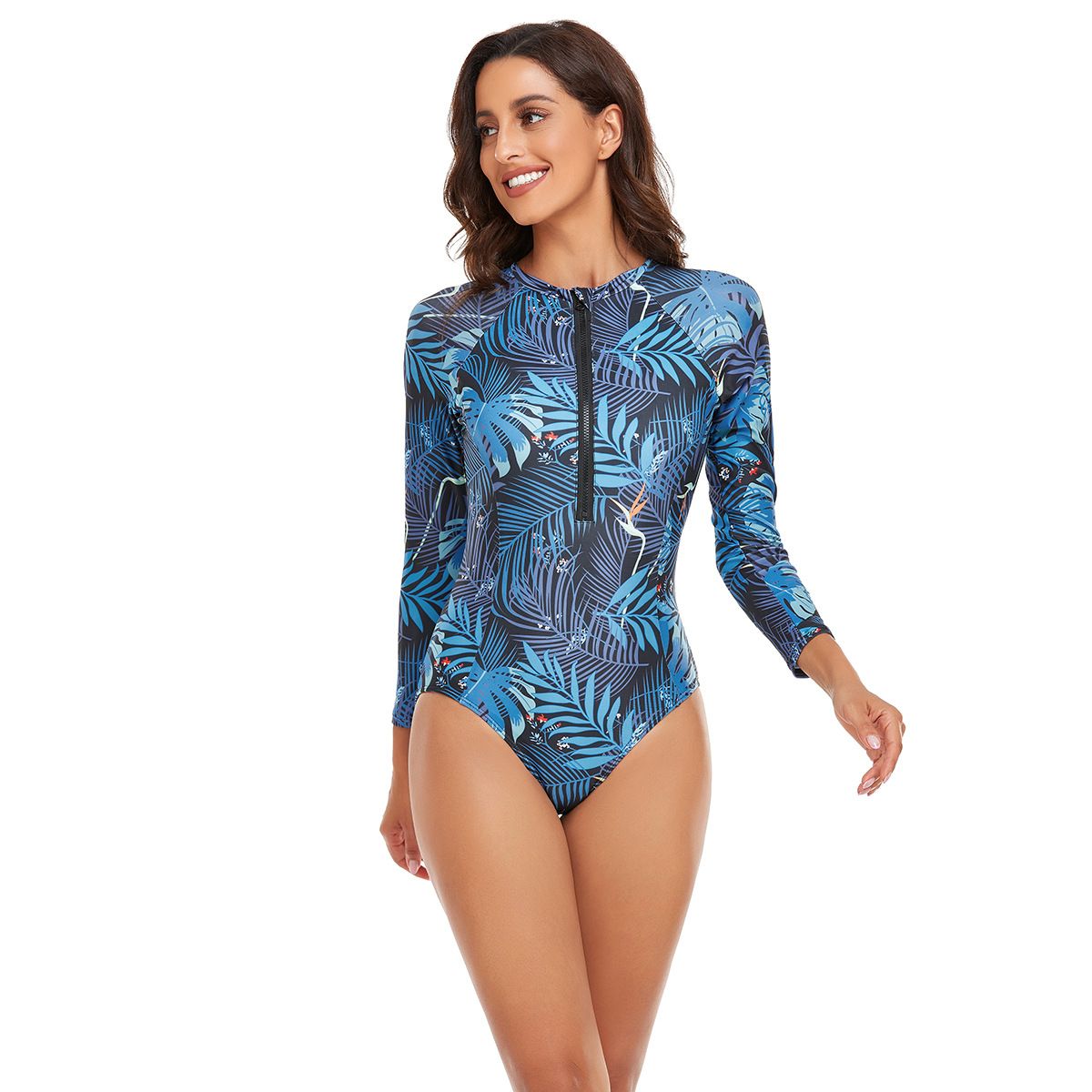(image for) Long Sleeve Floral Print One‑Piece Front Zipper Rash Guard Swimsuit