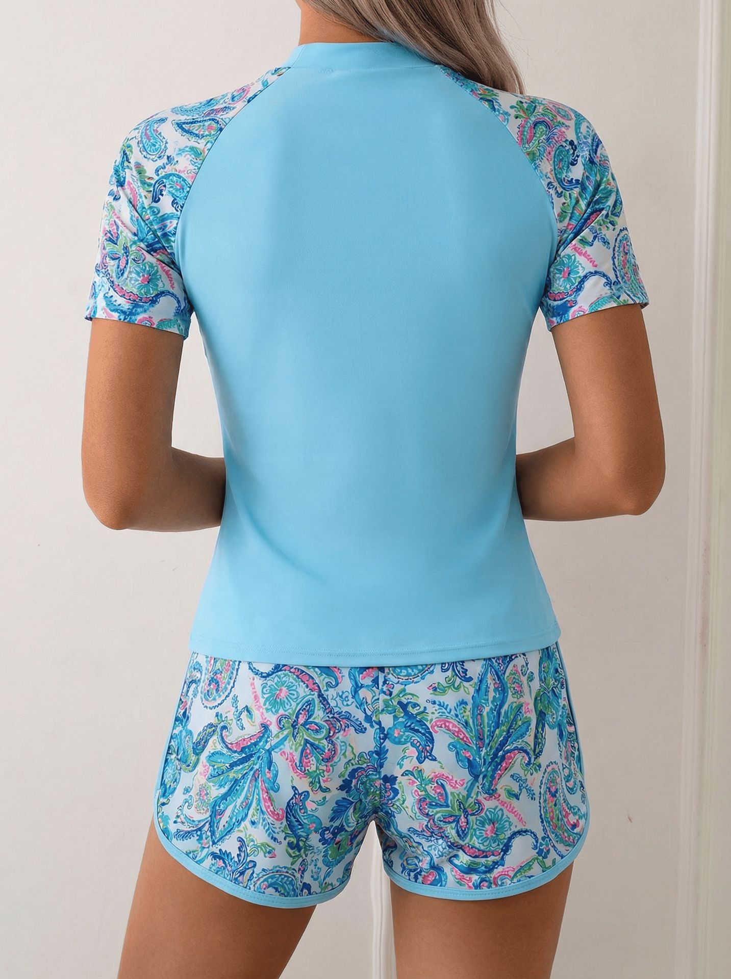 (image for) Women Short Sleeve Rash Guard Set, Conservative Two Piece Swimsuit with Shorts, Surfing Bathing Suit S-XXL