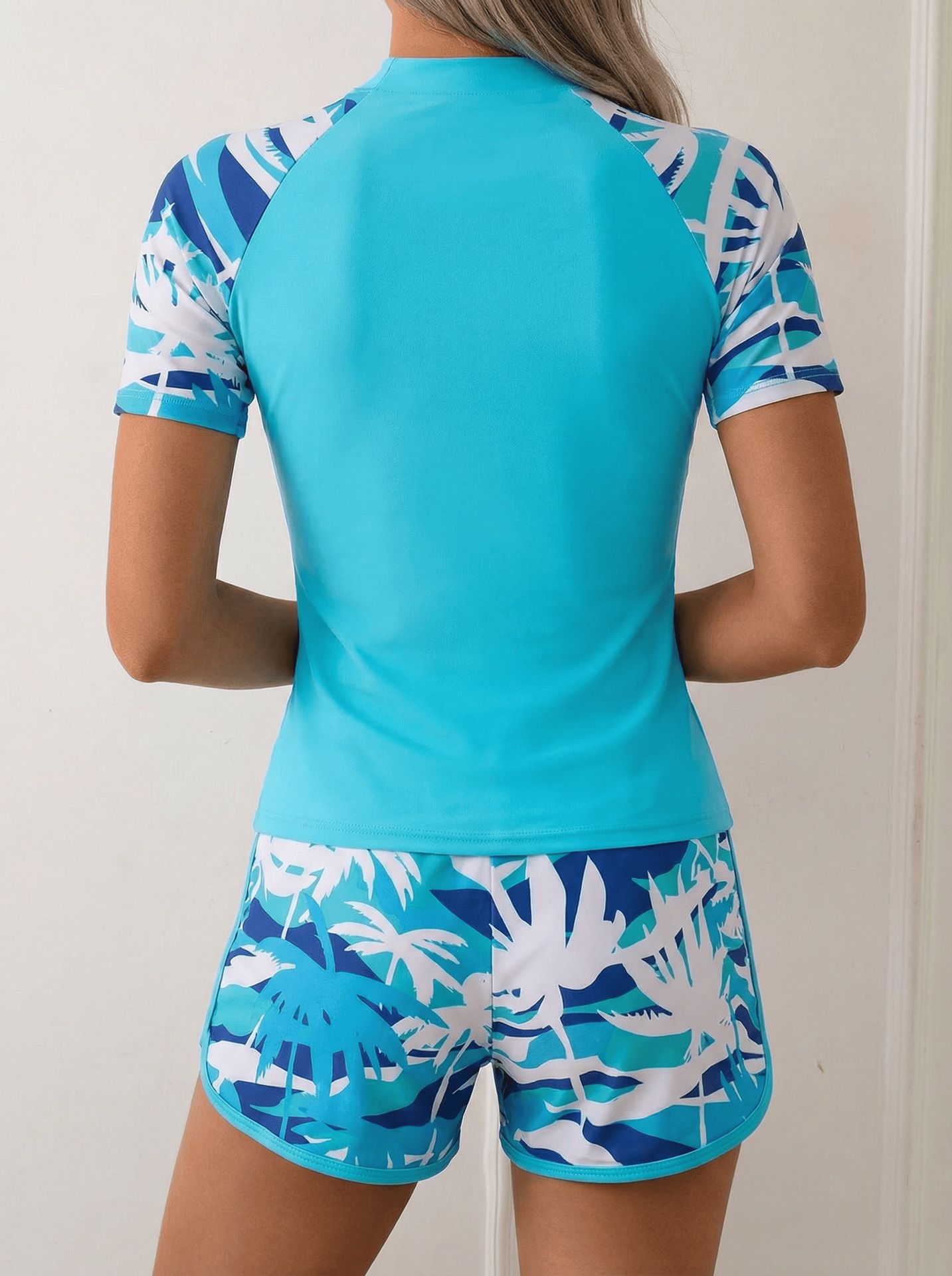 (image for) Women Short Sleeve Rash Guard Set, Conservative Two Piece Swimsuit with Shorts, Surfing Bathing Suit S-XXL