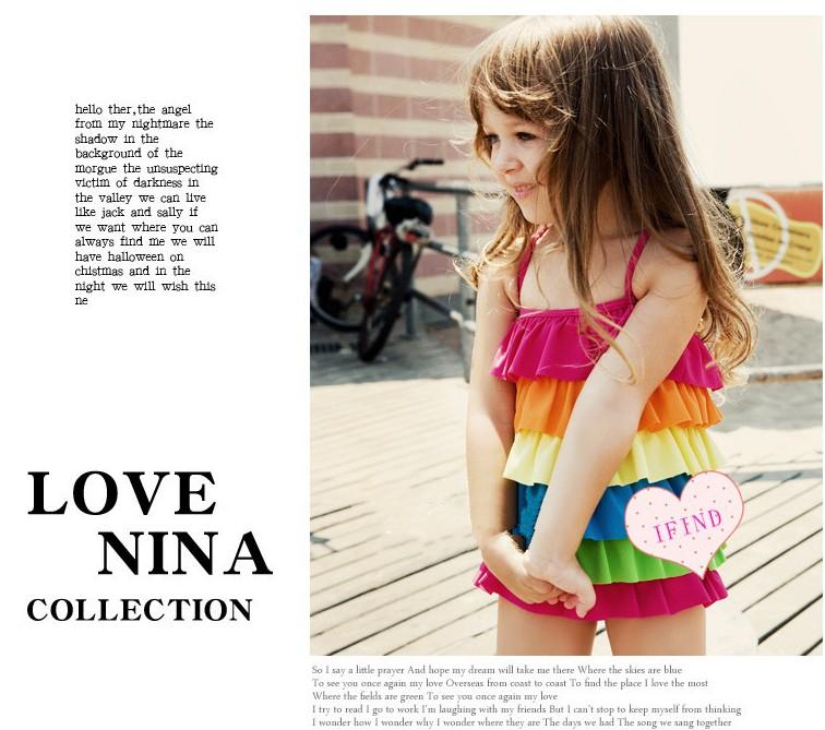 (image for) Girls Rainbow Layered Ruffle Cake Dress One‑Piece Swimsuit Kids Bathing Suit M‑XL