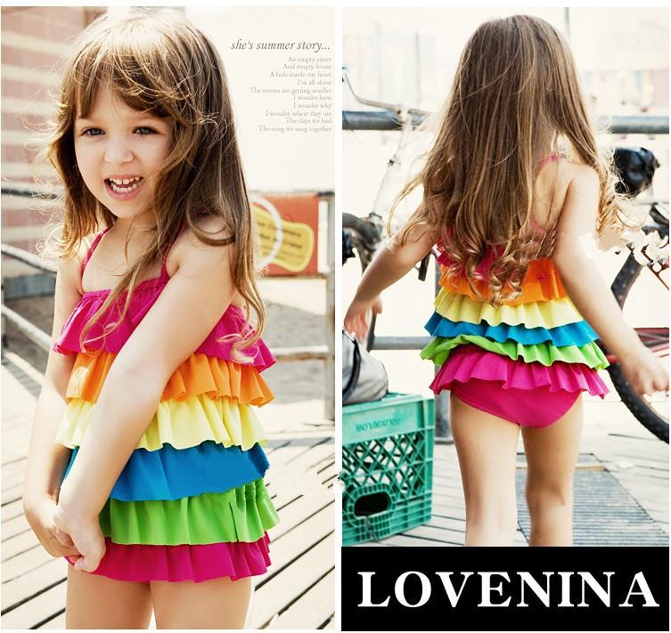 (image for) Girls Rainbow Layered Ruffle Cake Dress One‑Piece Swimsuit Kids Bathing Suit M‑XL