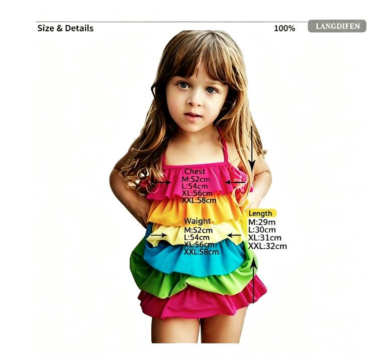 (image for) Girls Rainbow Layered Ruffle Cake Dress One‑Piece Swimsuit Kids Bathing Suit M‑XL