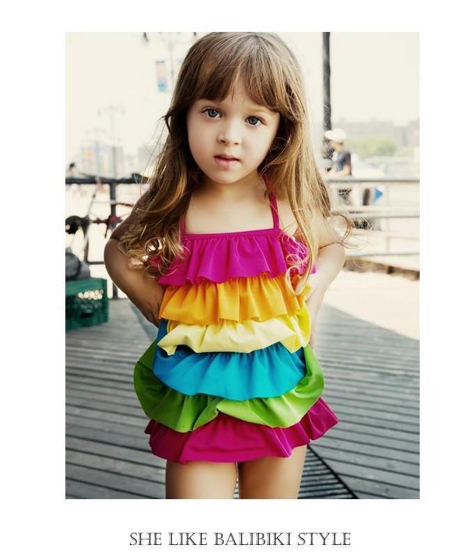 (image for) Girls Rainbow Layered Ruffle Cake Dress One‑Piece Swimsuit Kids Bathing Suit M‑XL
