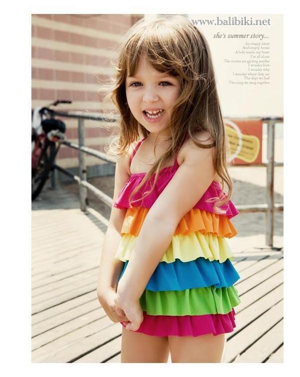 (image for) Girls Rainbow Layered Ruffle Cake Dress One‑Piece Swimsuit Kids Bathing Suit M‑XL