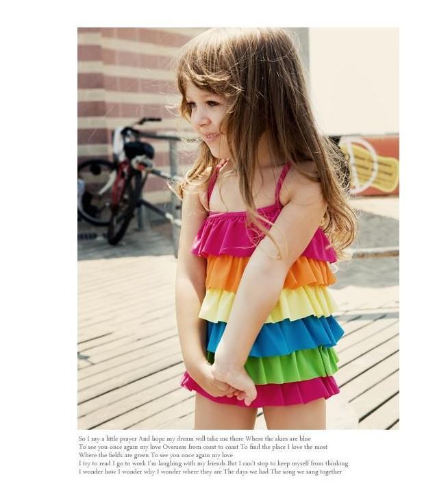 (image for) Girls Rainbow Layered Ruffle Cake Dress One‑Piece Swimsuit Kids Bathing Suit M‑XL