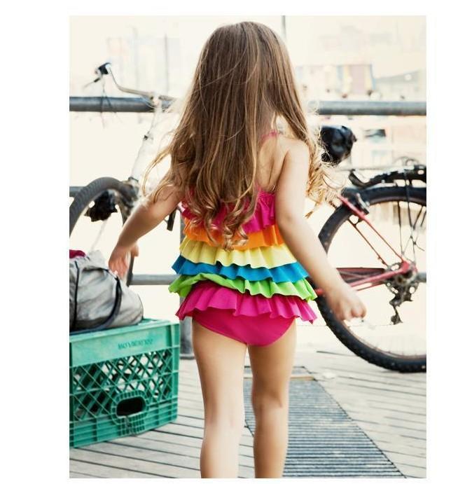 (image for) Girls Rainbow Layered Ruffle Cake Dress One‑Piece Swimsuit Kids Bathing Suit M‑XL
