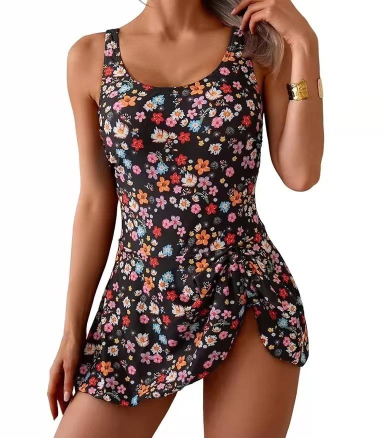 (image for) Women's 2025 Floral Print Skirted Tankini One Piece Swimsuit Underwire No Padding Modest Slimming Tummy Control Hot Spring Bathing Suit