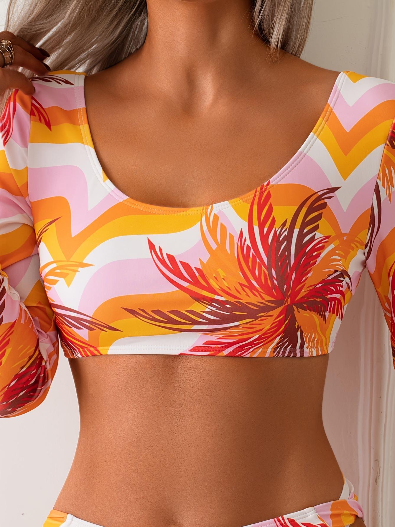 (image for) 2026 Women Long Sleeve Print Bikini Set, High Waist Sun Protection Two Piece Swimsuit, Conservative Tummy Control Bathing Suit S-XXL