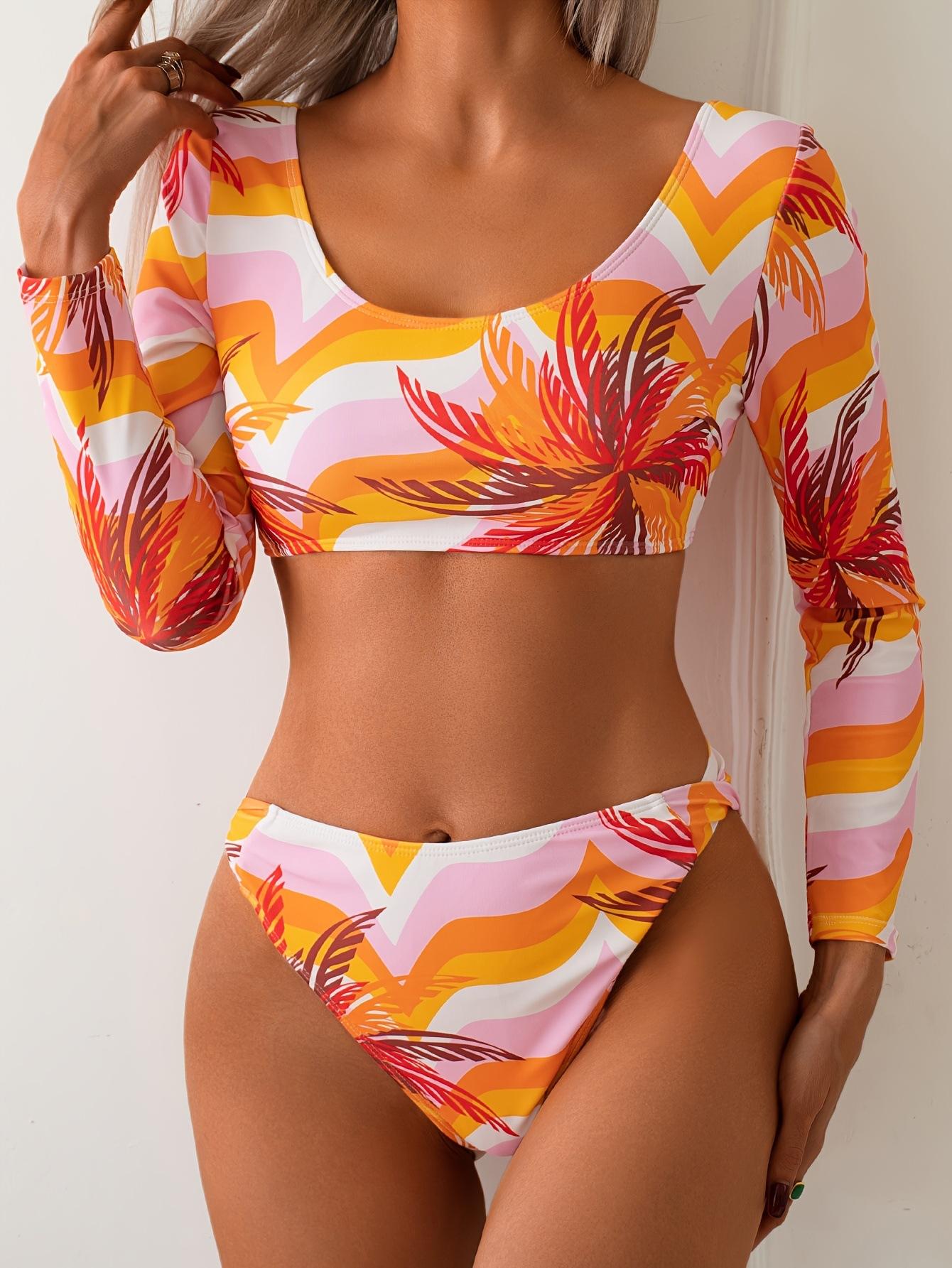 (image for) 2026 Women Long Sleeve Print Bikini Set, High Waist Sun Protection Two Piece Swimsuit, Conservative Tummy Control Bathing Suit S-XXL