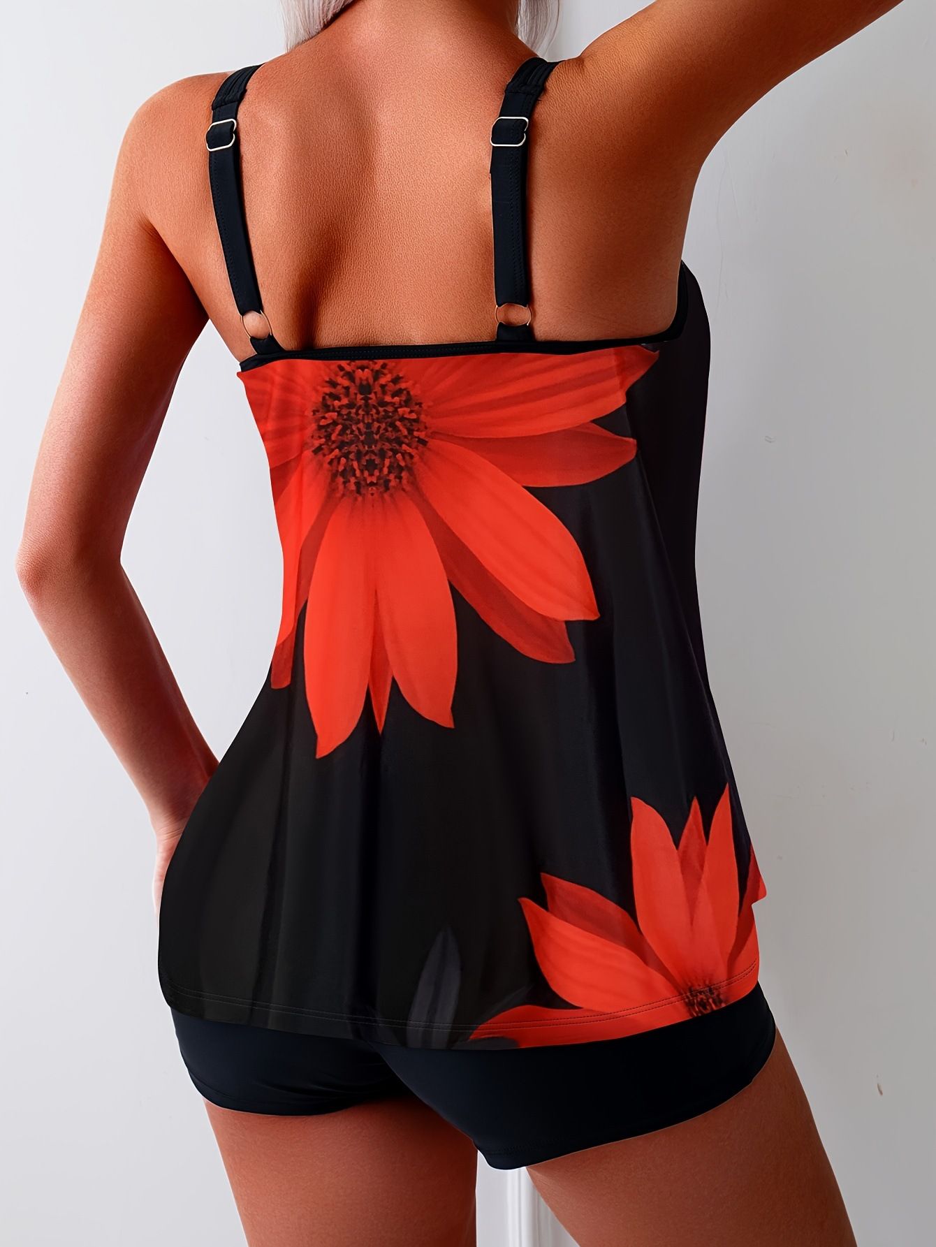 (image for) Women Large Floral Print Tankini Set with Boy Shorts, Conservative Tummy Control Two Piece Swimsuit with Padded Cups for Beach Hot Spring S-XXL