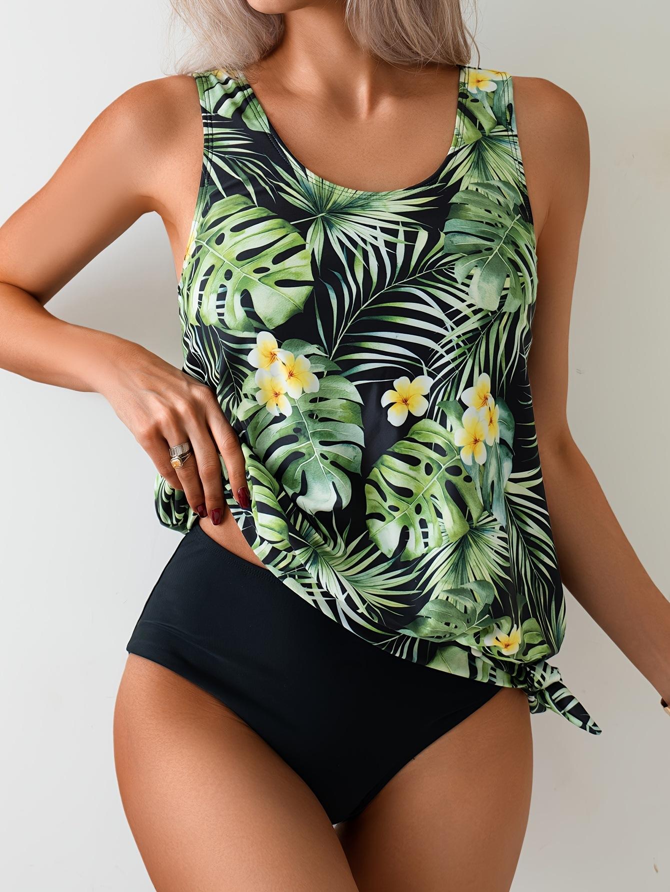 2026 Women Tropical Print Tankini Set, Conservative Loose Fit Swim Top with High Waist Brief, Modest Tummy Control Two Piece Swimsuit S-XXL (image for) 2026 Women Tropical Print Tankini Set, Conservative Loose Fit Swim Top with High Waist Brief, Modest Tummy Control Two Piece Swimsuit S-XXL