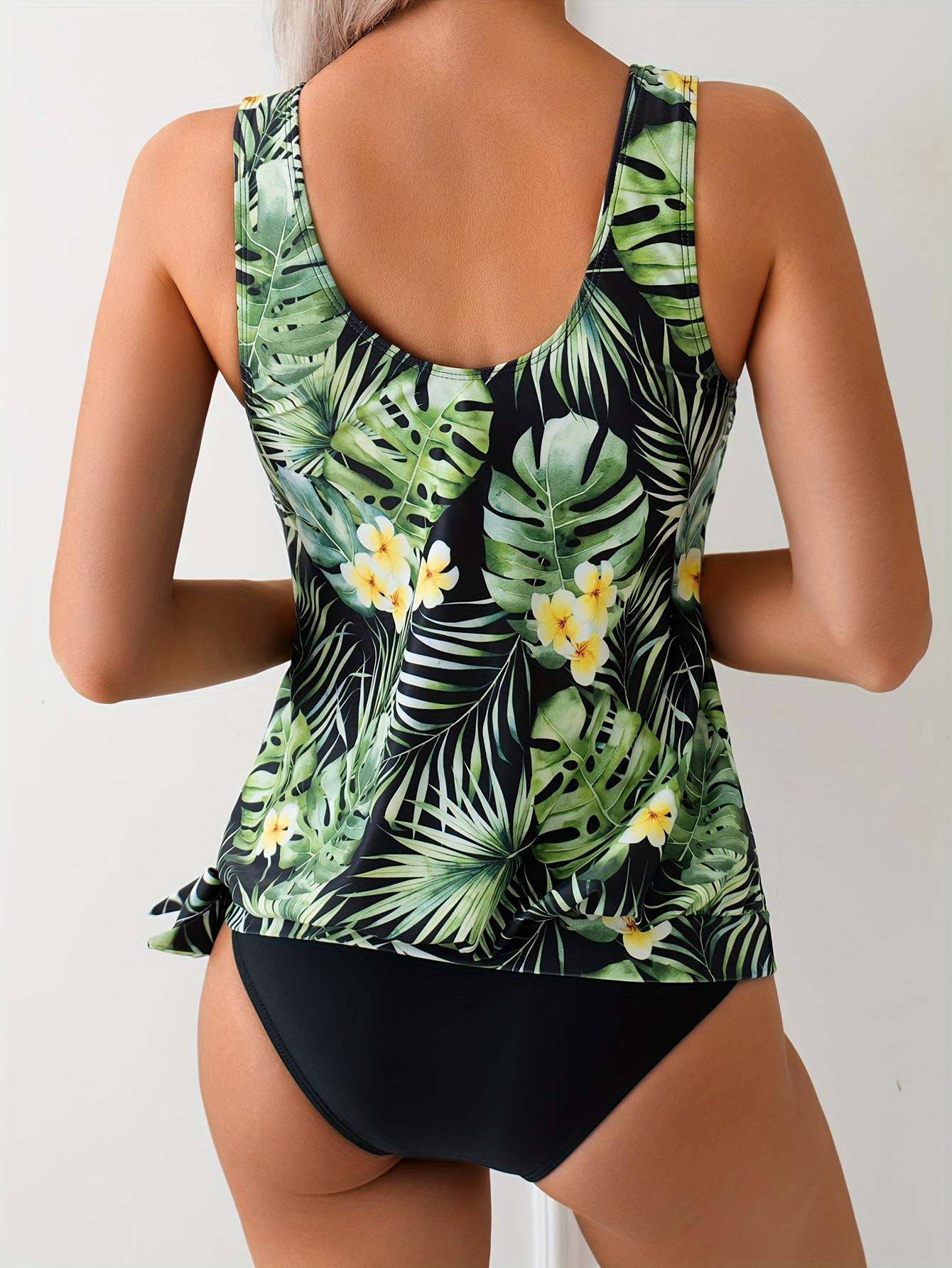 (image for) 2026 Women Tropical Print Tankini Set, Conservative Loose Fit Swim Top with High Waist Brief, Modest Tummy Control Two Piece Swimsuit S-XXL