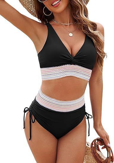 (image for) Women's 2026 High Waist Bikini Set Contrast Textured Trim Side Tie Adjustable Padded Wirefree Two Piece Beach Swimwear