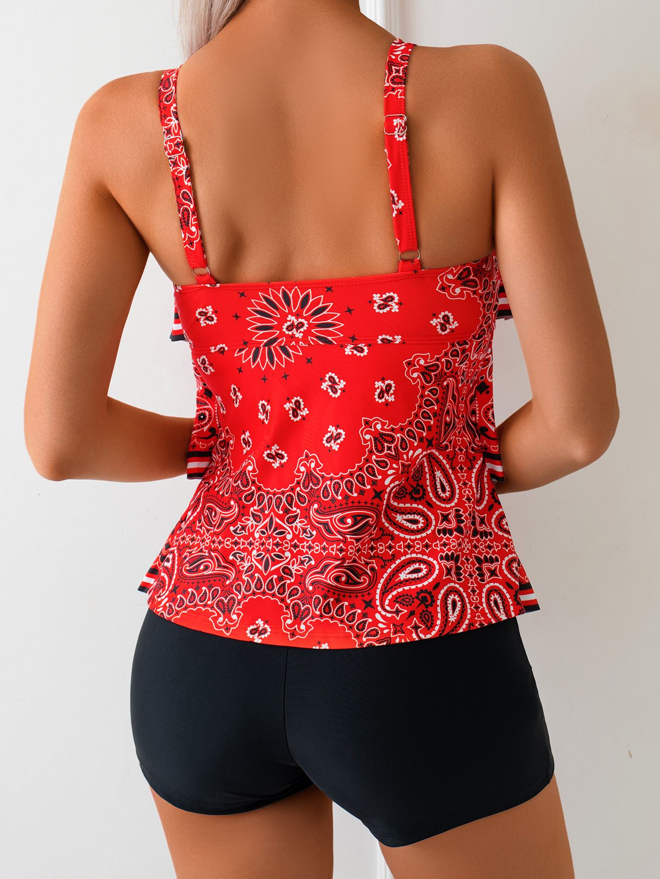 (image for) Women Retro Paisley Bandana Print Layered Ruffle Tankini Set with Boy Shorts, Conservative Tummy Control Slimming Two Piece Swimsuit S-XXL