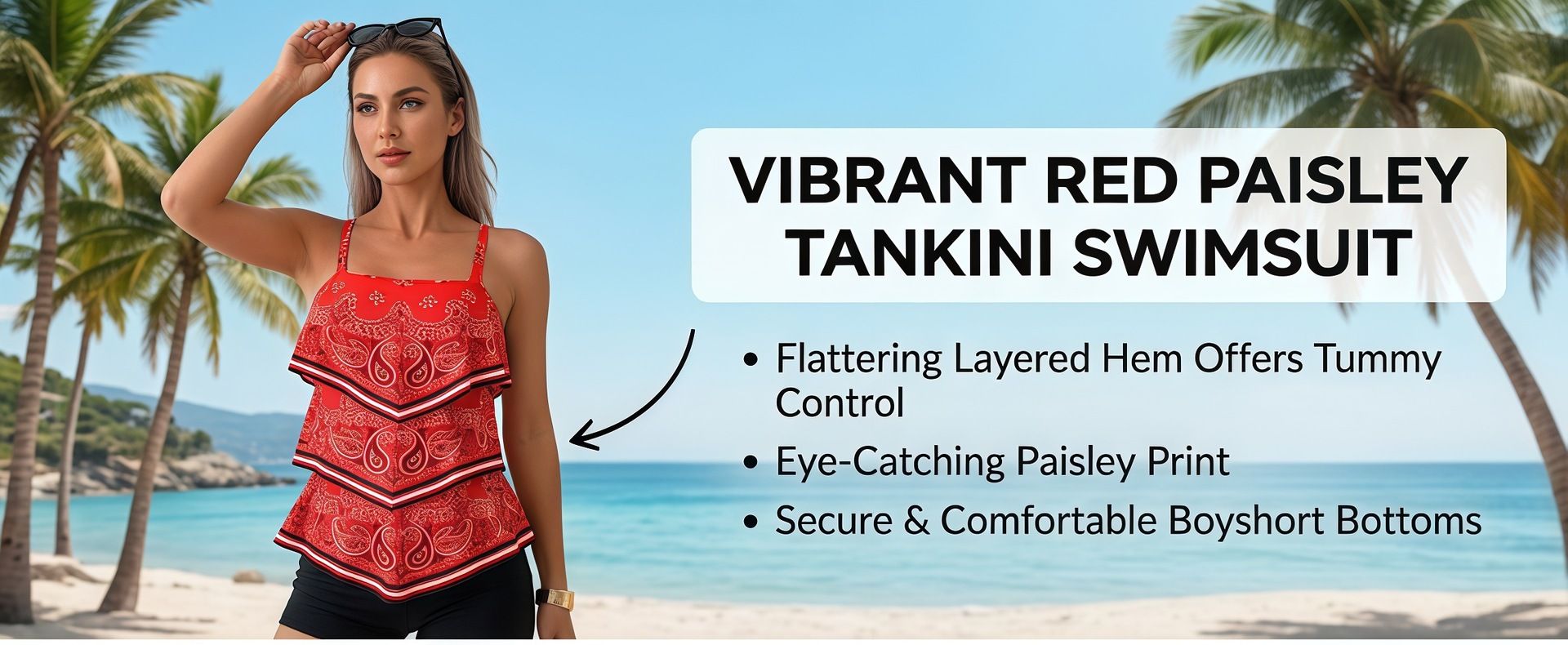 (image for) Women Retro Paisley Bandana Print Layered Ruffle Tankini Set with Boy Shorts, Conservative Tummy Control Slimming Two Piece Swimsuit S-XXL
