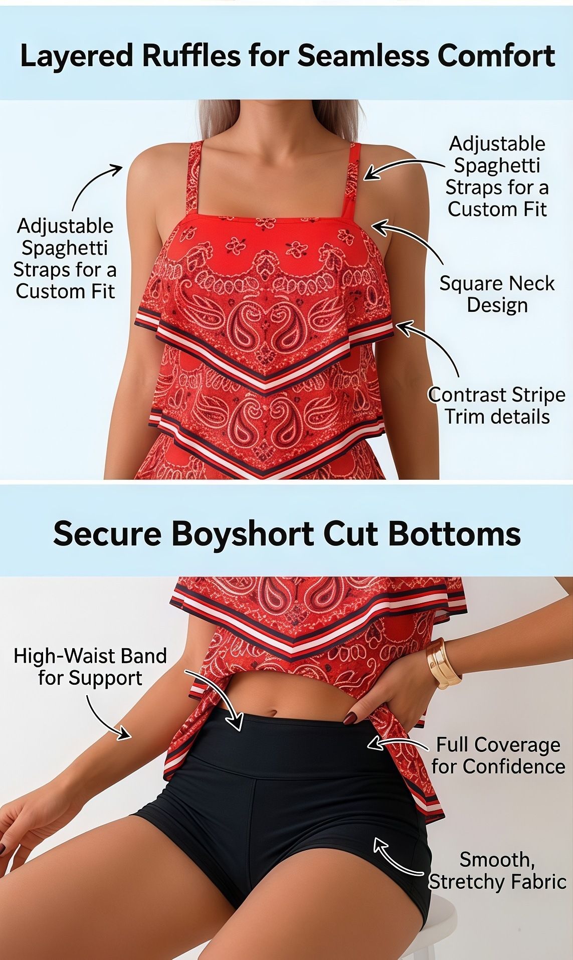 (image for) Women Retro Paisley Bandana Print Layered Ruffle Tankini Set with Boy Shorts, Conservative Tummy Control Slimming Two Piece Swimsuit S-XXL