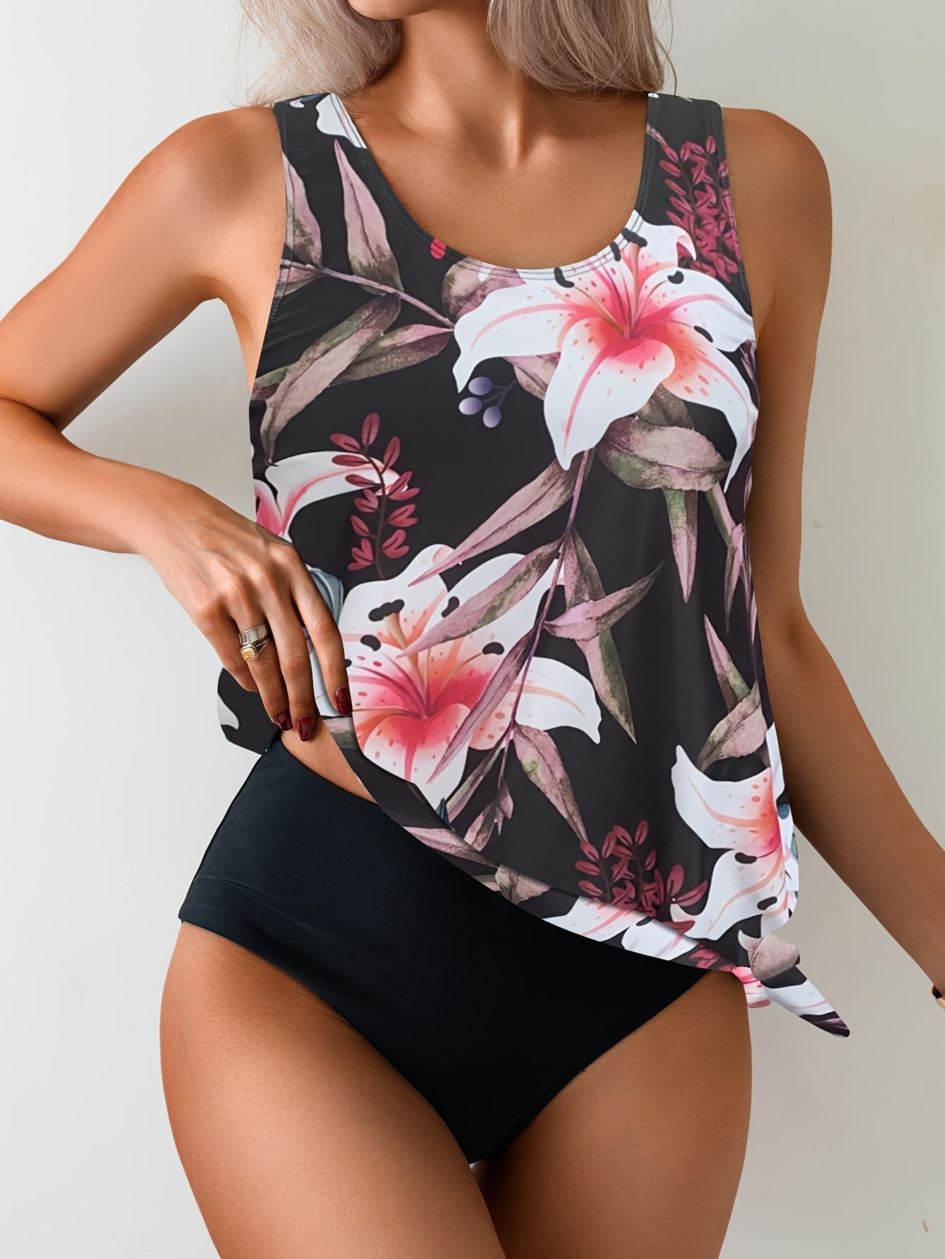 2026 Women Lily Floral Print Tankini Set, Racerback Side Tie Tummy Control Two Piece Swimsuit, Modest Slimming Bathing Suit S-2XL (image for) 2026 Women Lily Floral Print Tankini Set, Racerback Side Tie Tummy Control Two Piece Swimsuit, Modest Slimming Bathing Suit S-2XL