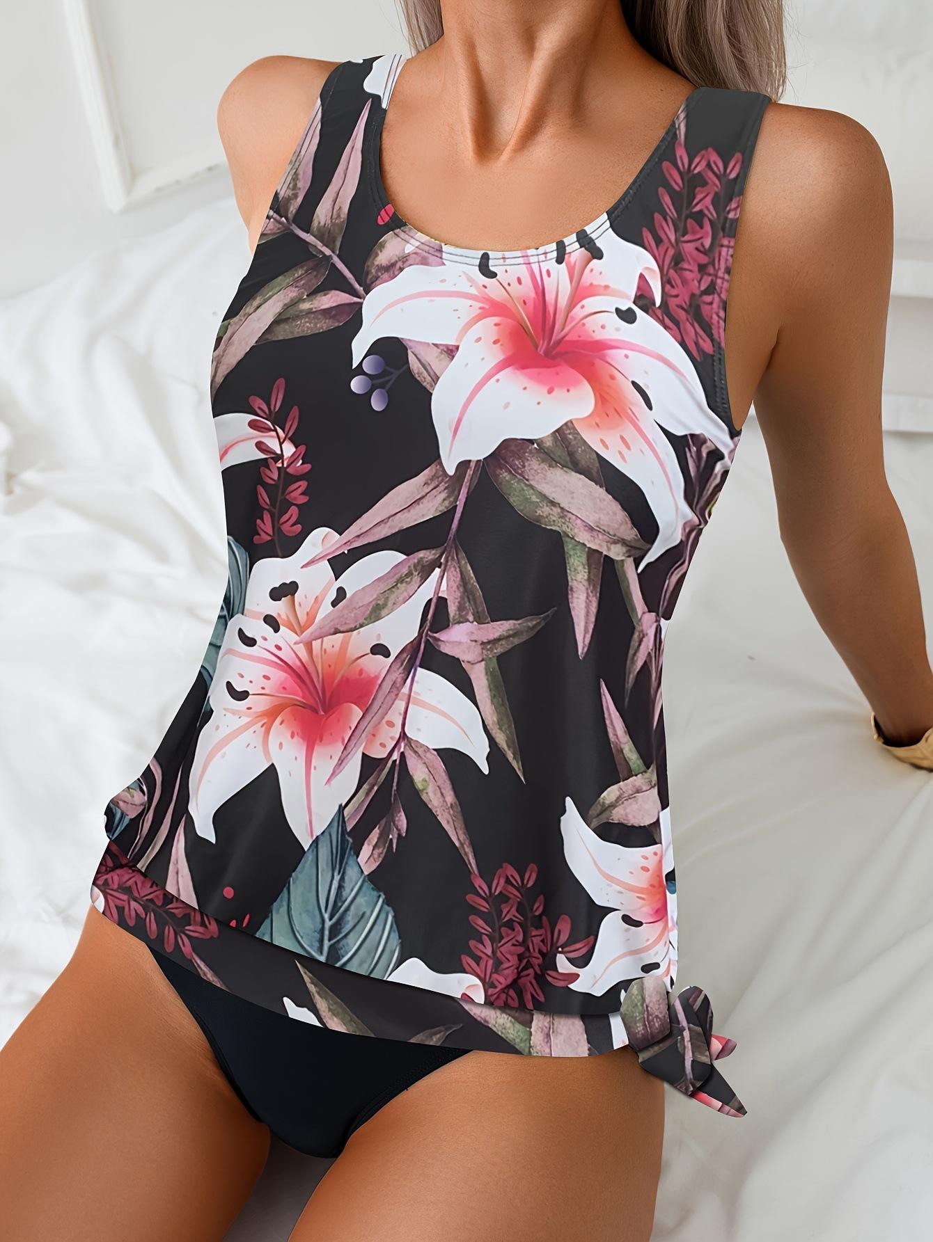 (image for) 2026 Women Lily Floral Print Tankini Set, Racerback Side Tie Tummy Control Two Piece Swimsuit, Modest Slimming Bathing Suit S-2XL
