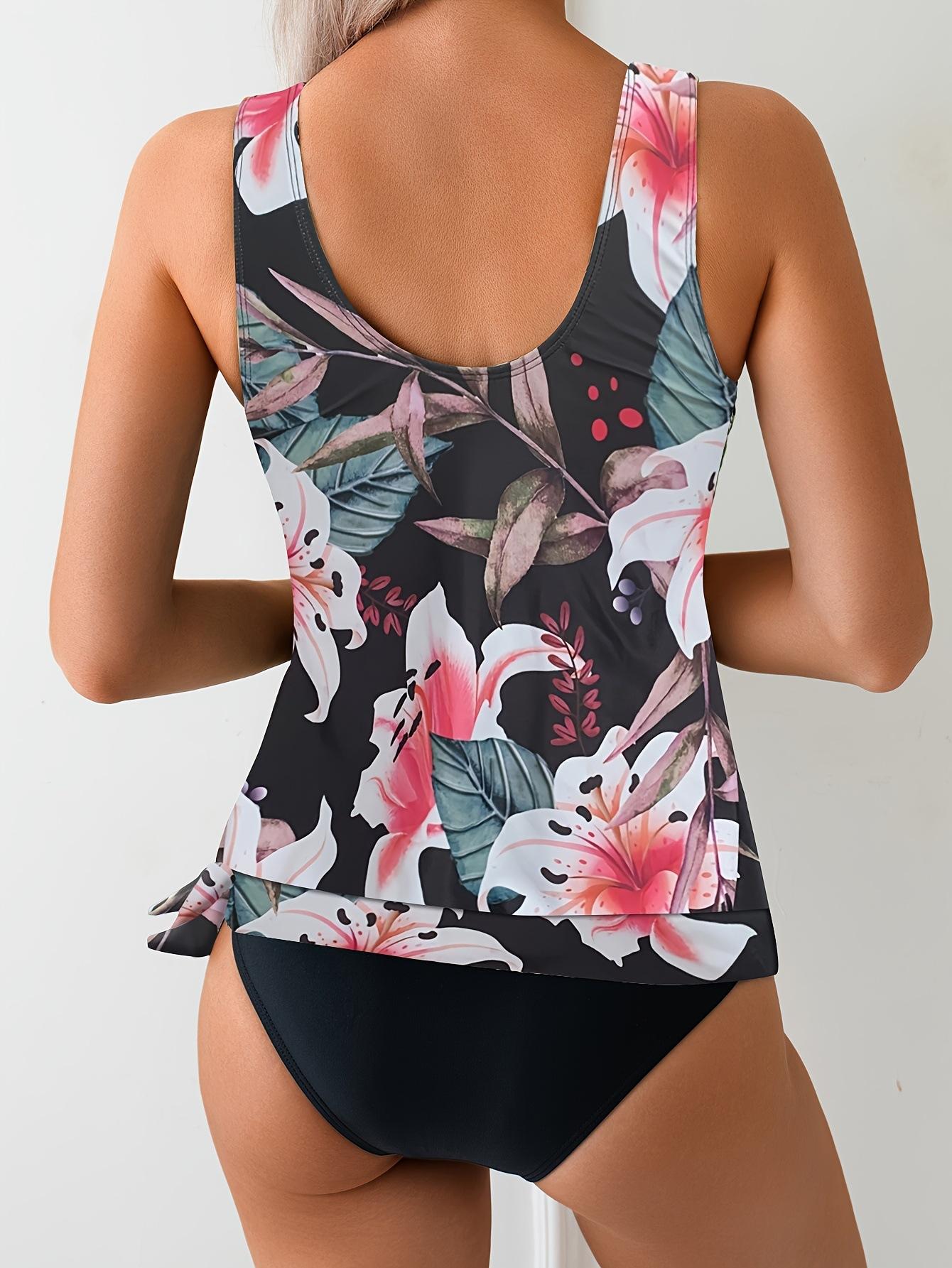 (image for) 2026 Women Lily Floral Print Tankini Set, Racerback Side Tie Tummy Control Two Piece Swimsuit, Modest Slimming Bathing Suit S-2XL