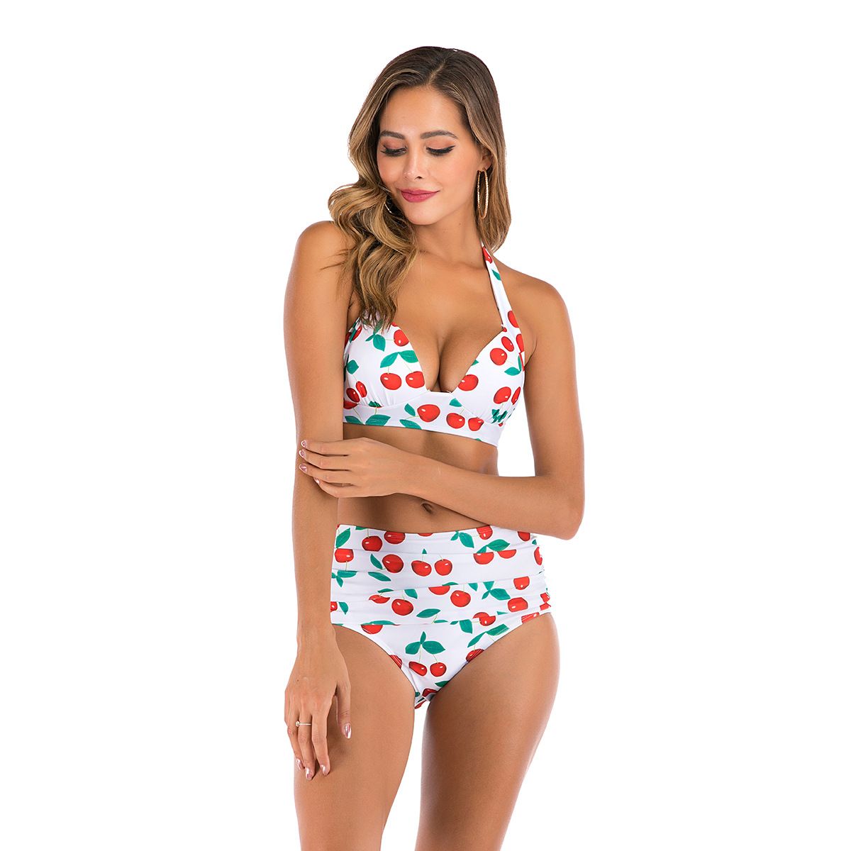 (image for) Women Halter High Waist Two‑Piece Bikini Set, Solid & Print Mix Bathing Suit