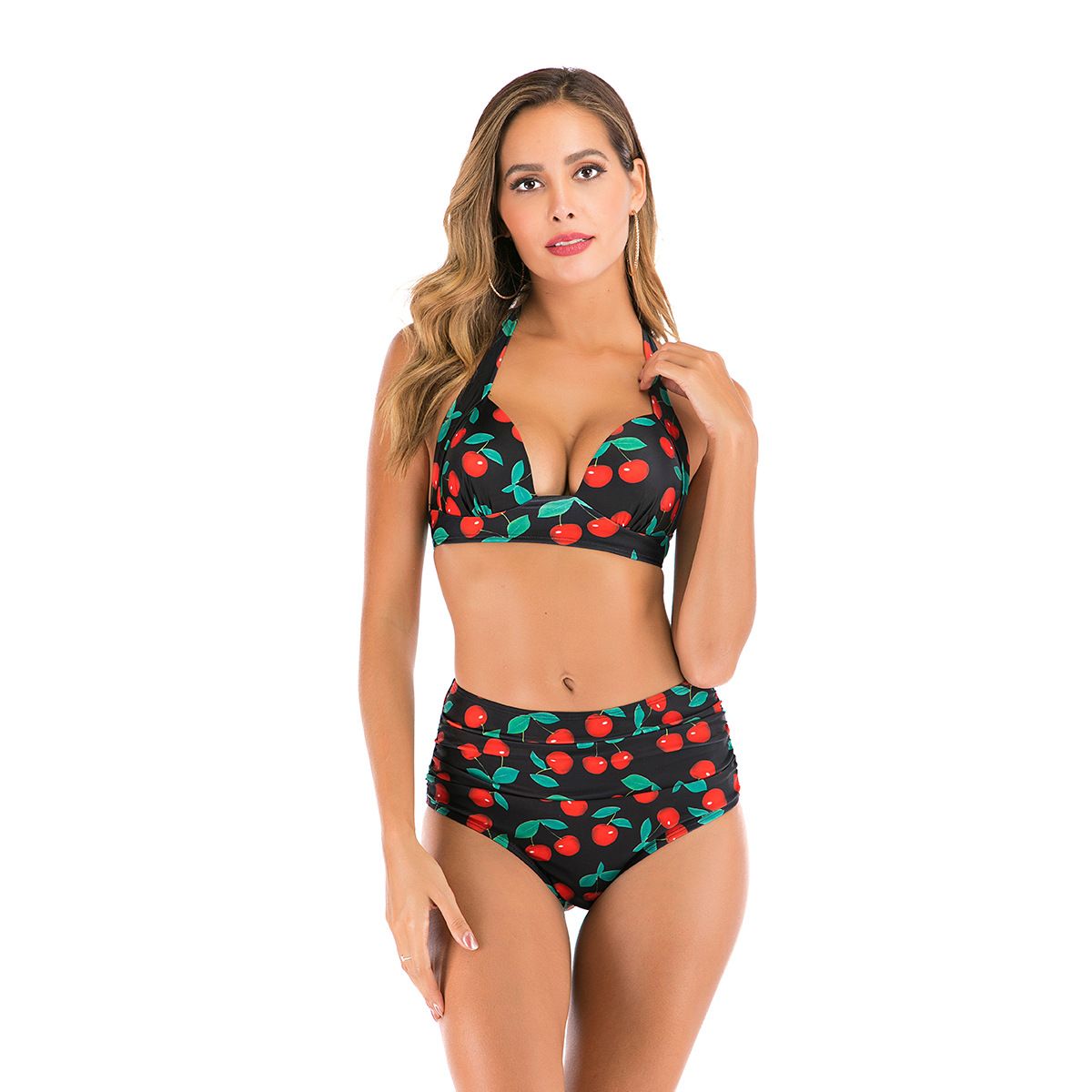 (image for) Women Halter High Waist Two‑Piece Bikini Set, Solid & Print Mix Bathing Suit