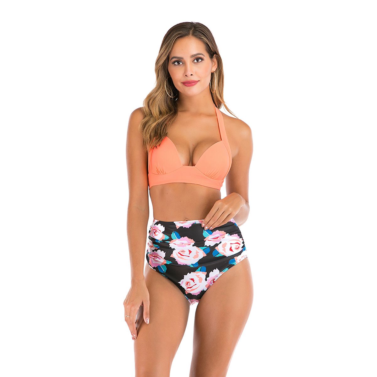(image for) Women Halter High Waist Two‑Piece Bikini Set, Solid & Print Mix Bathing Suit