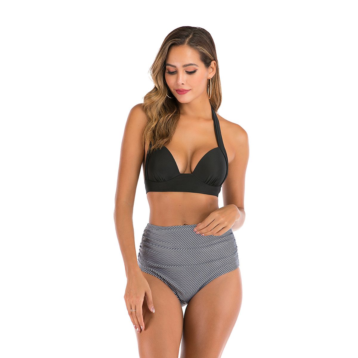 (image for) Women Halter High Waist Two‑Piece Bikini Set, Solid & Print Mix Bathing Suit